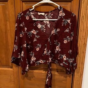 Red floral print button up crop top